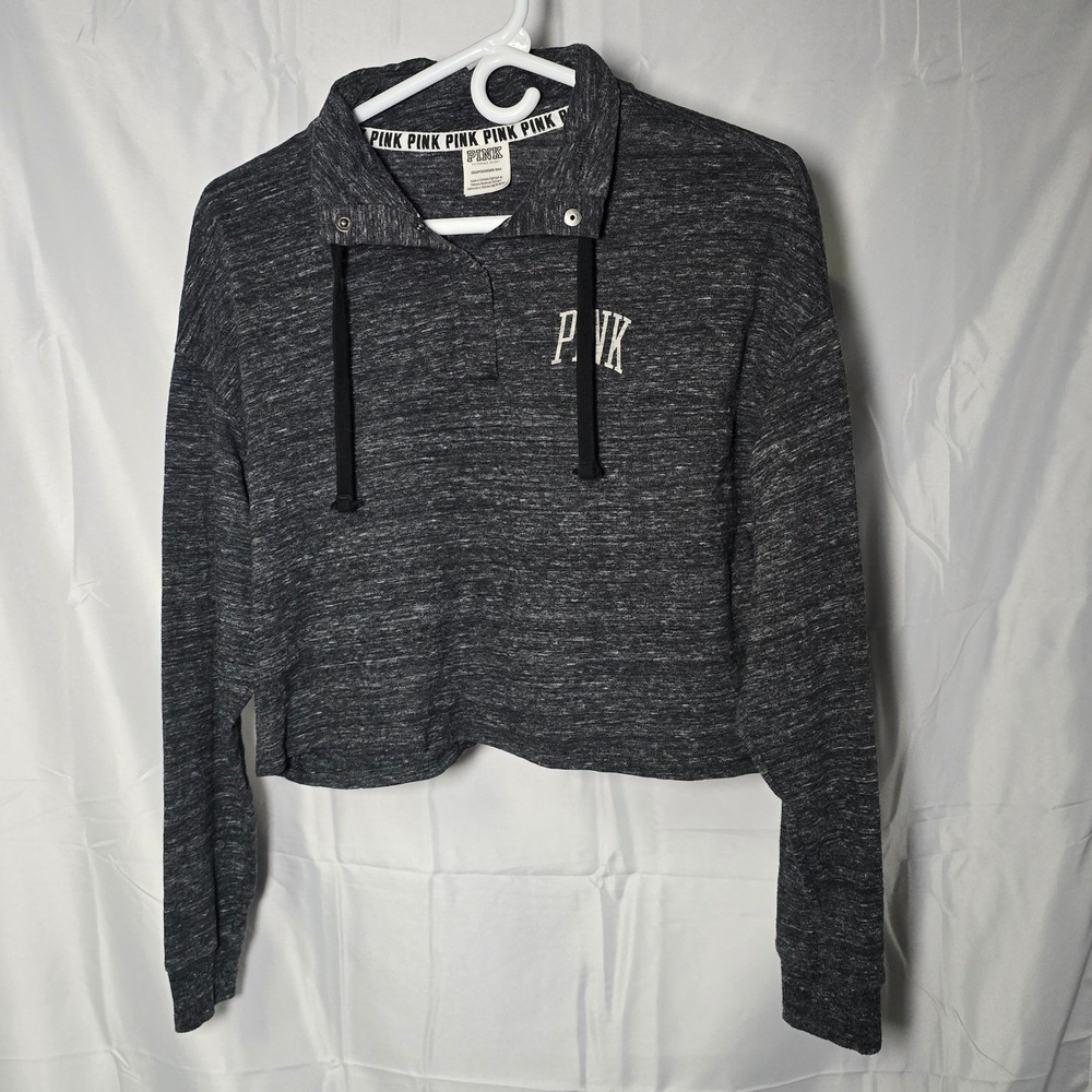 Victoria's Secret PINK Cropped Sweatshirt Gray Marl Snap Neck Pullover Womens XS